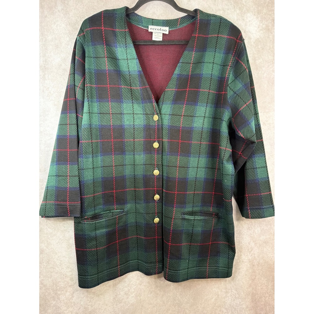 VTG 90s Eccotoo Cardigan Womens 1X Green Plaid V-Neck Button‎ Front Longline